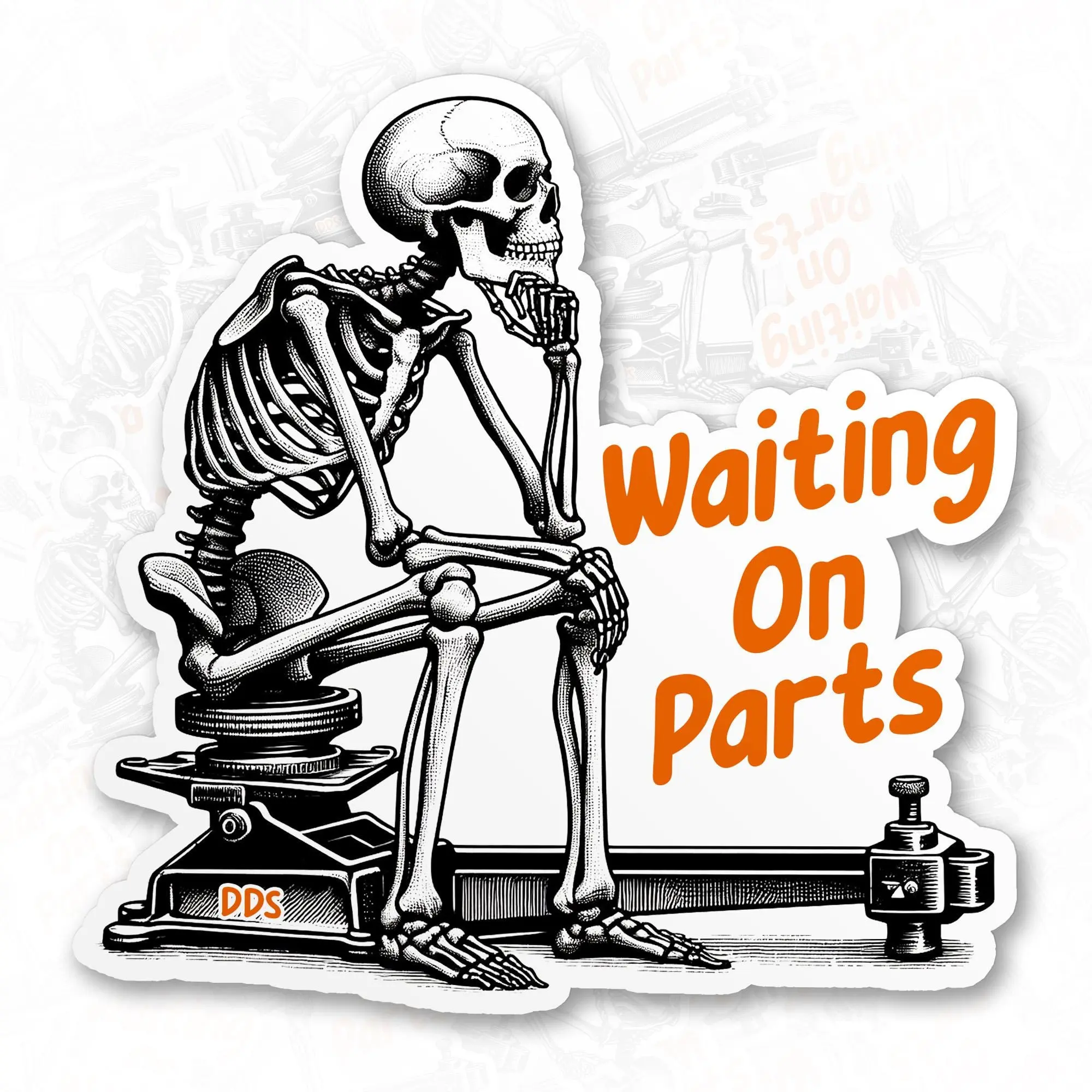 Funny Blue Collar Truck Mechanic Skeleton Sticker, Waiting On Parts Sticker, 3 inch Sticker for Laptop Water Bottle Book