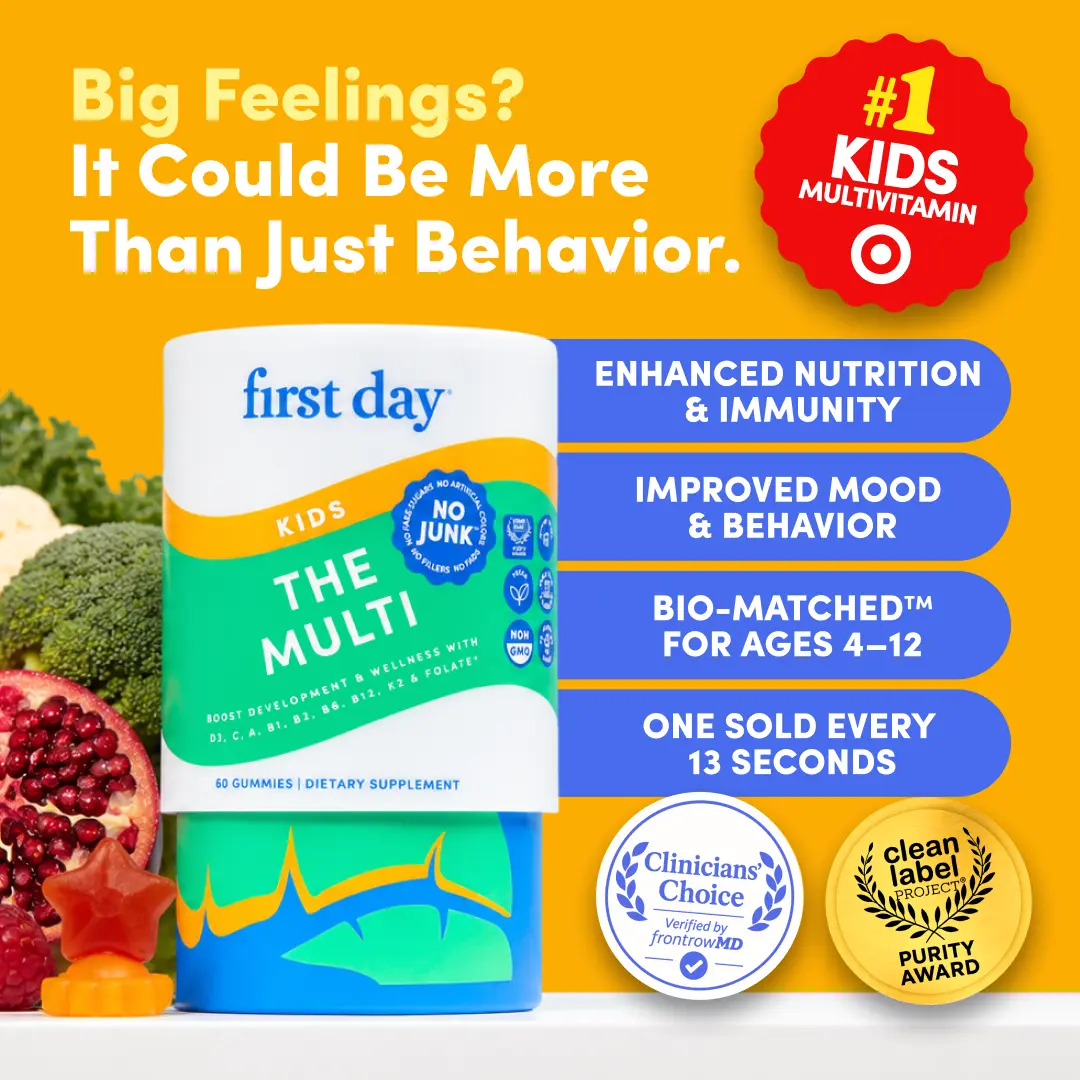 First Day Kids Multivitamin Gummies Ages 4-12, Natural Strawberry Orange Flavor - 21 Organic Superfoods, 9 Key Nutrients, Vitamin C D3 B12 Folate - Immunity, Healthy Growth, Energy, Picky Eater Approved - 30-Day Supply, Vegan, Non-GMO, No Junk Dietary
