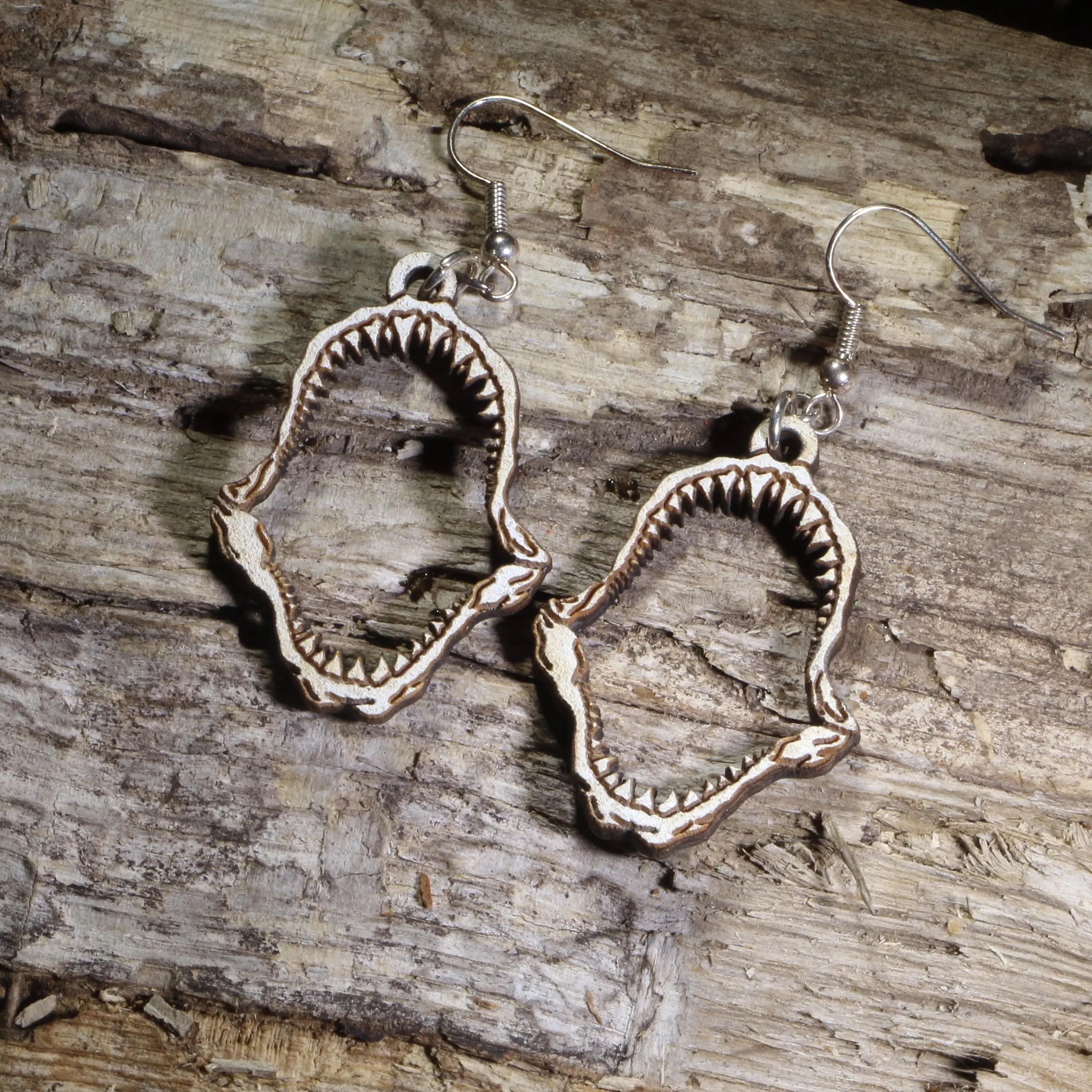 Shark Tooth Jaw Wooden Dangle Earrings | Ocean Predator Jewelry