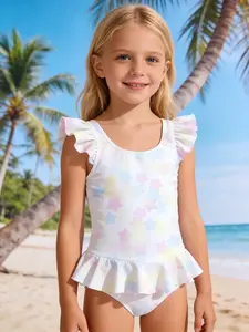 Summer Limited Edition! Girls' Macaron Star Print Ruffle One-Piece Swimsuit—quick-drying, soft against the skin, and comfortable to wear. A dreamy, fresh style that moms can buy with confidence Star Print Swimwear