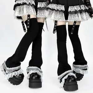 2025 2000s Lace Japanese Harajuku Leg Warmers Y2k Spicy Girl Over Knee Pile Socks Black Flare Long Socks Thigh High Socks Women Leg Covers Halloween custmes Womenswear Basic Minimalist