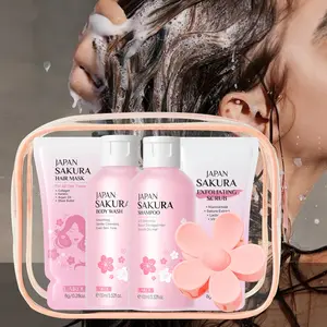 LAIKOU Japan Sakura Travel Bath Set, Shampoo, Body Wash, Exfoliating Body Scrub & Hair Mask, Soothing Softening Skin & Hair Care Kit, Body Care Sets