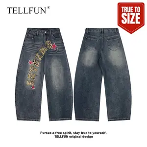 TELLFUN Men's Baggy Jeans, Menswear Loose-Fitting Denim Pants, Vintage Leopard Letter Print, Cotton All-Seasons Casual Streetwear Unisex Bottoms