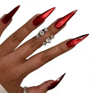 24pcs Long Stiletto Crystal Red Cat Eye Tip Acrylic Press On Nails XXL Fit Perfectly False Nails Set with Jelly Glue & Nail File for Women Girls Daily Rave Party Use Burgundy Rhinestones Geometric Plain All Over Print ABS Material