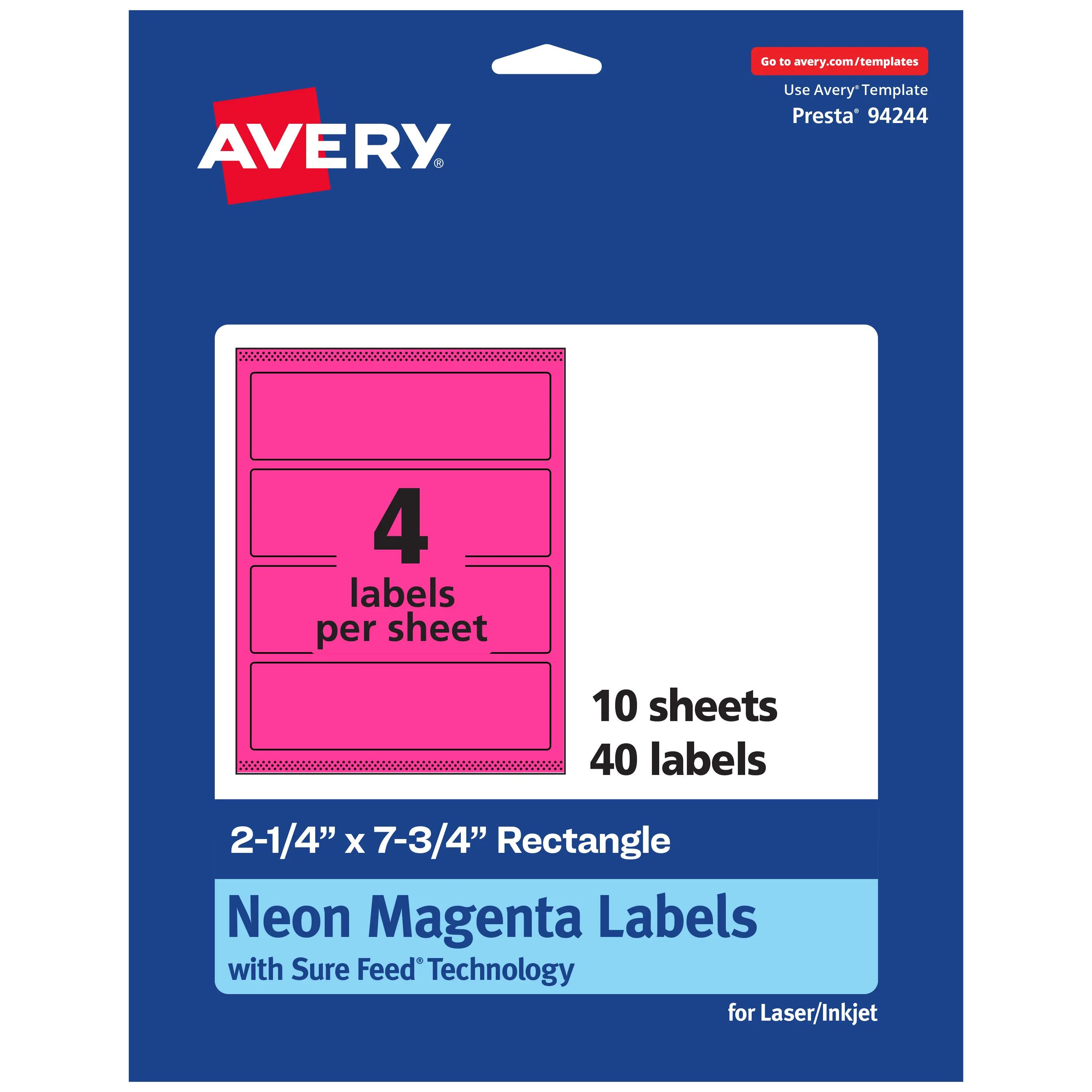 Avery Neon Magenta Rectangular Paper Labels, 2.25" x 7.75" Sheet Labels for Jars