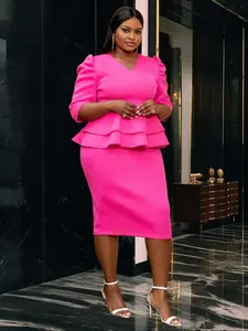 【Plus Size】 2 in 1 Plain Ruffle Peplum Hem Dress, Elegant V Neck 3/4 Sleeve Dress for Party Holiday Wedding Guest, Chic Women's Clothes for All Seasons, Womenswear