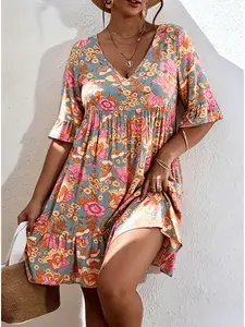 Plus Size Floral Print Boho Mini Dress, Half Sleeve, V Neck, Ruffle Hem, Curvy Summer Wear, Tummy Hiding
