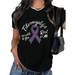 Women's Fibromyalgia Awareness T-Shirt - Invisible Me Slogan & Purple Ribbon Design, Loose Fit Short Sleeve Round Neck, Chronic Illness Apparel, Casual Casual Attire