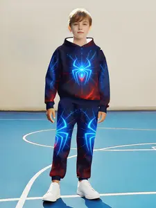 Boys Spider-Man Parallel Universe Glowing Hoodie Set, Blue Web Cool Kids Two-Piece, Casual Fitted Fall & Winter Clothing