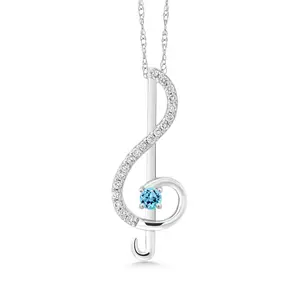 Gem Stone King Keren Hanan Inspired by Music 0.30 Ct Round Swiss Blue Topaz E-F Lab Grown Diamond 10K White Gold Treble Clef Pendant