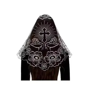 New embroidered veil cross church black silver platinum popular Floral headscarf