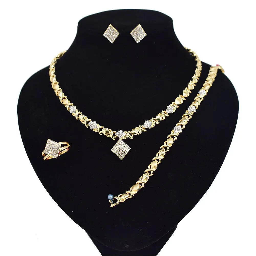 HUGS & KISSES Gold Costume Jewelry Glamour Set - 7.5 Inches Iced-Cut Gold-Plated Diamond Pendant Necklace, Standard Sizes Matching Pieces #9