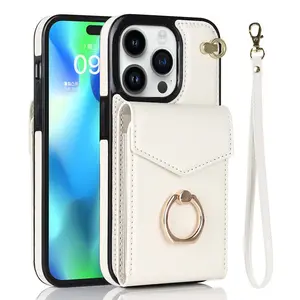 Wallet Phone Case with Adjustable Ring Kickstand Holder and Lanyard for iPhone 15 14 13 12 Pro Max Plus Mini