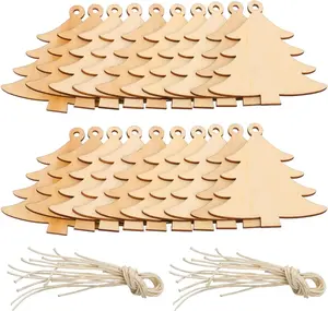 20 Packs Wooden Christmas Tree Cutouts Embellishments Hanging Ornaments with 20 Packs Strings for Wedding, Craft, Christmas Decoration