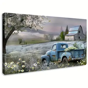 1pc Farmhouse Canvas Wall Art Vintage Pickup Pastoral Barn Scene Painting Rustic Blue Truck with Flowers Antique Vehicle Artwork Print Home Living Room Guest Bedroom Wall Decor Poster Ornaments