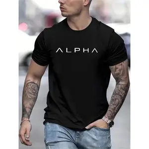 [100% Cotton] 1Pc ALPHA Letter Graphic T-Shirt, 100% Cotton Fabric, Crew Neck, Short Sleeve, Regular Fit, Weekend Casual Wear, All-Season Casual Wear, 180Gsm - Ideal For Valentines New Year'S Day Father'S Day Christmas T-Shirt For Men And Women