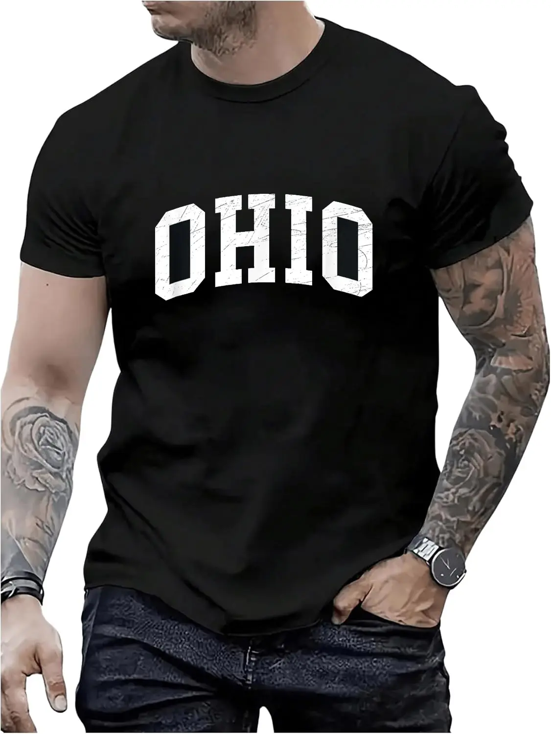 Women's Casual Ohio Graphic T-Shirt, Funny Vintage Distressed 100% Cotton Short Sleeve Top for Everyday Wear, Shortsleeve, Round Neck, Tops