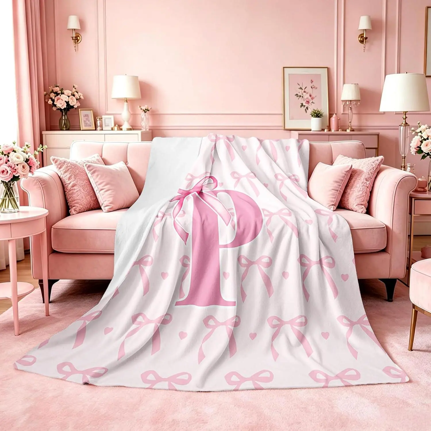 Cute Pink Bow Gifts Fleece Throw Blanket Throw,Personalized Letter P Flannel Blanket Plush Fuzzy,Cute Coquette Bow Knot Soft Bed Couch Chair,Initial Letter P Monogrammed