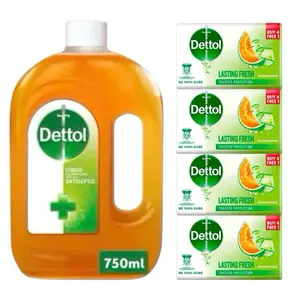 Dettol Antiseptic Liquid 750mL & 4 Lasting Fresh Soap 100mL Each - Effective Antiseptic Solution for Home & Personal