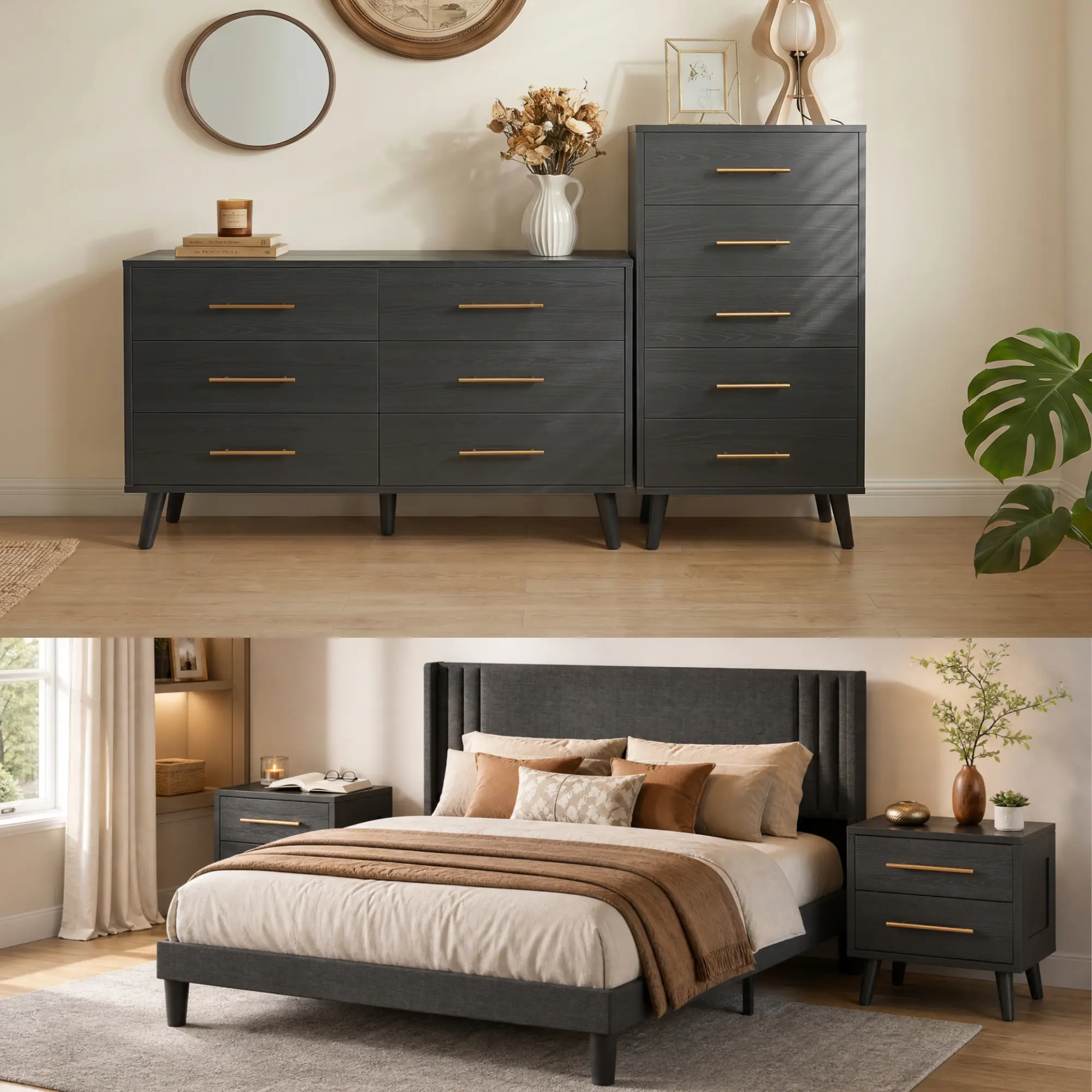 GIZOON Modern 5-Piece Black Wooden Matching Bedroom Set for Adults - Queen Bed Frame, Tall Dresser, Wide Dresser, 2x2-Drawer LED Nightstands, Anti-Tip Kit, Reinforced Legs, Solid Finish, Step-by-Step Guide | Apartment Furniture, Furniture for Bedroom