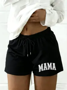 Women's Letter Print Drawstring Waist Shorts, Casual Elastic Waist Pocket Shorts for Summer, Ladies Bottoms for Daily Wear, Athleisure Street Shorts, Pockets Shorts