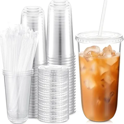 50-Set Transparent Plain 24oz Disposable Plastic Iced Cups with Lids and Straws, Leakproof Round-Bottom To-Go Cold Drink Cups for Cafes, Parties (Home & Festive Disposable Tableware)