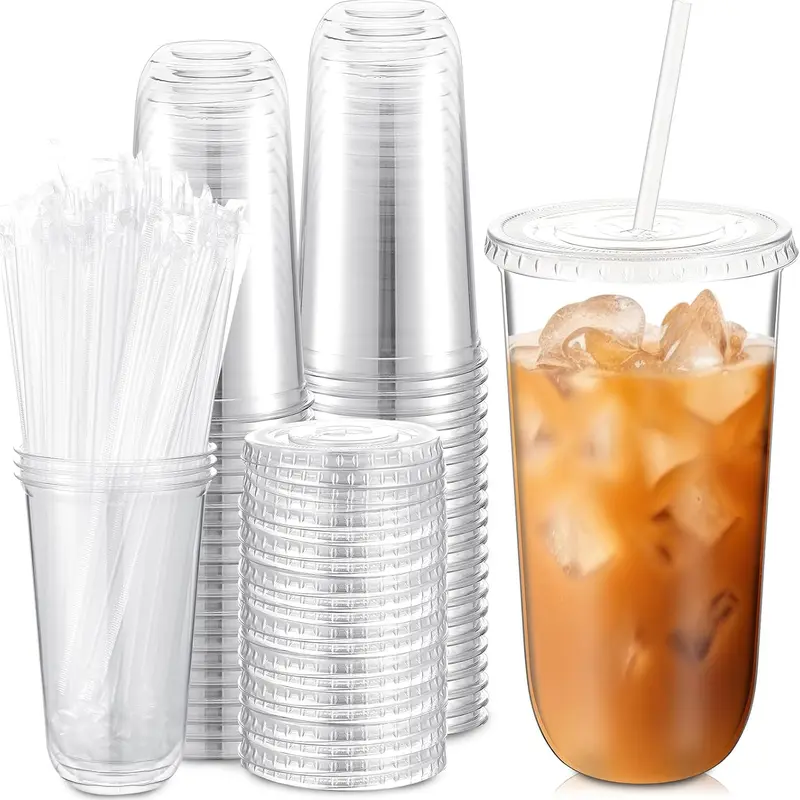 50-Set Transparent Plain 24oz Disposable Plastic Iced Cups with Lids and Straws, Leakproof Round-Bottom To-Go Cold Drink Cups for Cafes, Parties (Home & Festive Disposable Tableware)