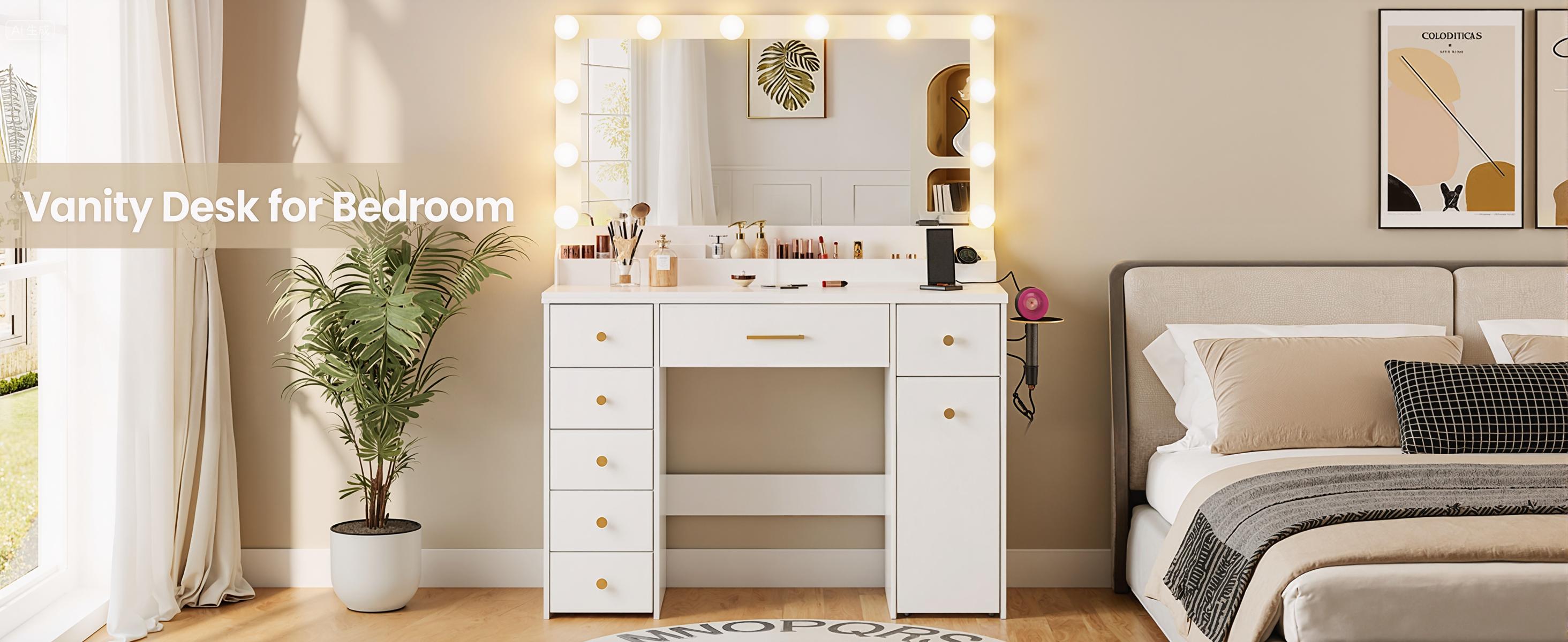LAKEMID Large Mirror Vanity with LED Lighting, featuring 12 Hollywood-style bulbs and three-color adjustable lighting (comes with a set of colored string lights). 7-drawer vanity with pull-out storage, bedroom vanity, white