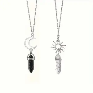 Sun and Moon Matching Necklaces for Couples - Yin Yang Black and White Crystal Point Pendant Necklaces - Celestial Crescent Moon & Radiant Sun BFF Jewelry - Spiritual Gemstone Friendship Gifts