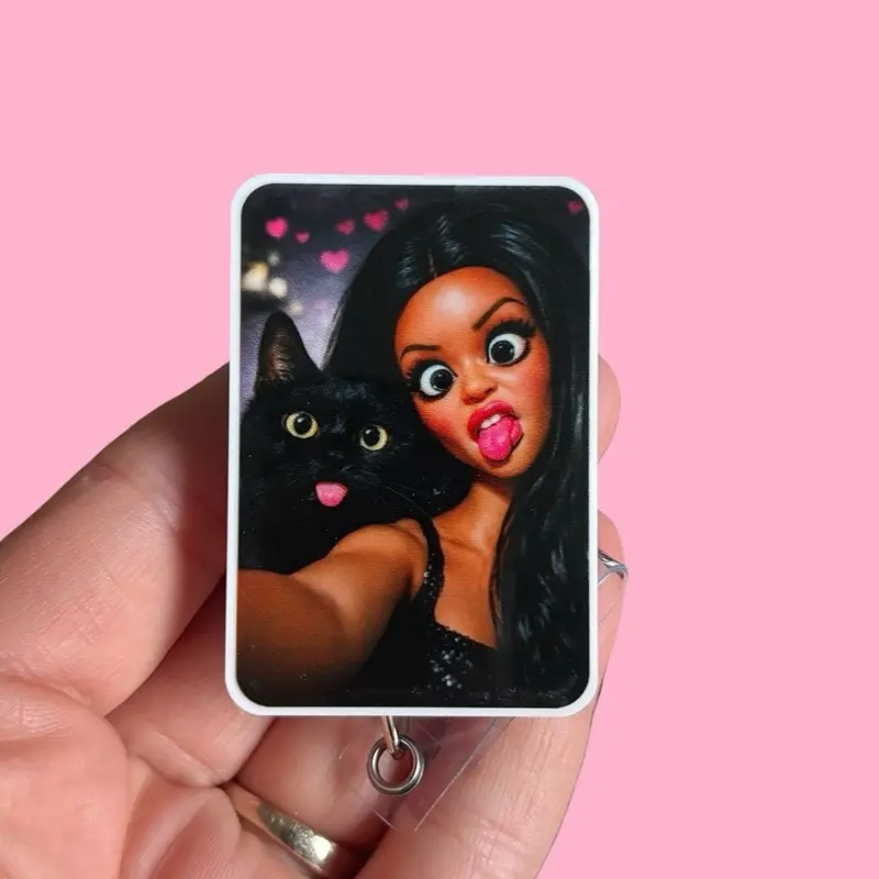 Glitter My Badge Funny face girl with cat badge reel for nurse and hospital workers. Badge clip Badge pull - Retractable swivel clip with a 360 rotation. Great gift for coworker