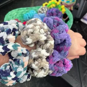 Handmade Crochet Scrunchies - Unique Handmade Cotton Yarn Hair Scrunchies with Bandannas - One-of-a-Kind Design