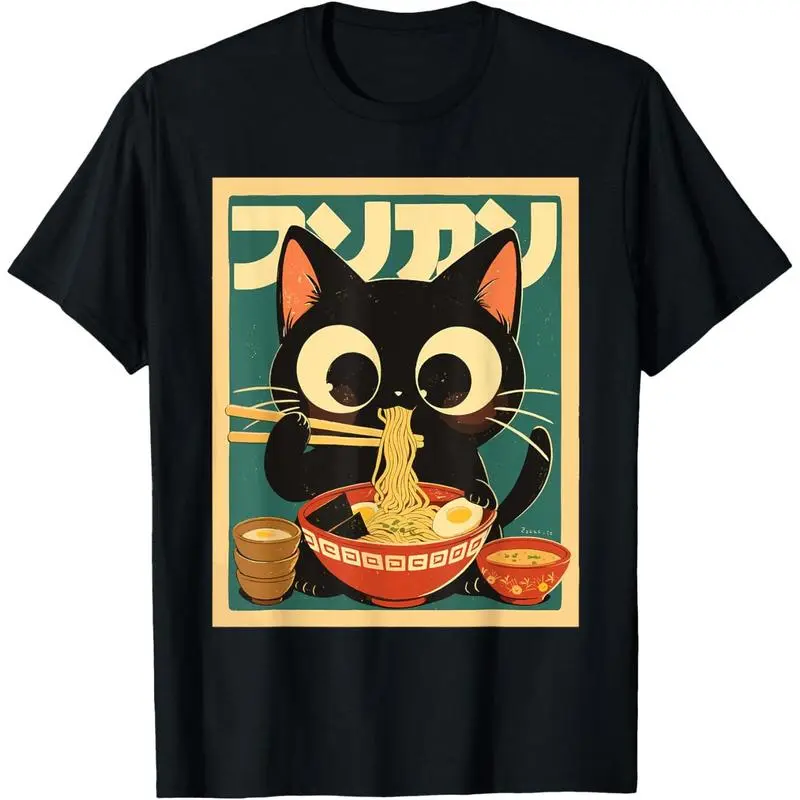 Anime Cat Ramen Japanese Funny Japanese Kawaii Cat Graphic T-Shirt short sleeve shirt Casual Short-Sleeve Men's T-Shirts men's graphic tees shirts men fashion round neck