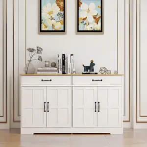 Sideboard Buffet Cabinet with Storage, 55" Large Kitchen Storage Cabinet with 2 Drawers and 4 Doors, Wood Coffee Bar Buffet Table Console for Kitchen Dining Room, White