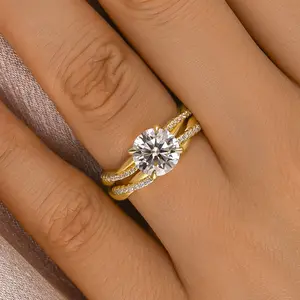 Effinny Jewelry Synthetic Moissanite 2.0 Carat Round Cut Twist 2PCS Wedding Ring Set, S925 Sterling Silver Bridal Ring Set, Golden Women's Ring for Daily Wear