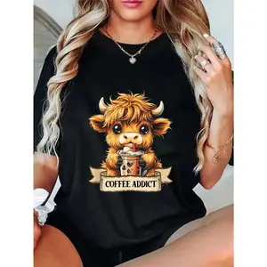 Cute Highland Cow Coffee Addict Funny Drink Coffee Cowgirl T-Shirt
