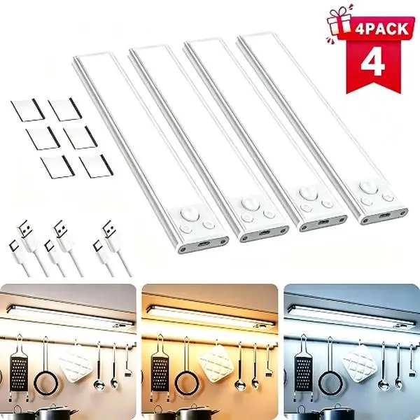 4Pack LED Strip Under Cabinet Lights, 76-LED Motion Sensor Magnetic Dimmable 1500mAh USB Rechargeable