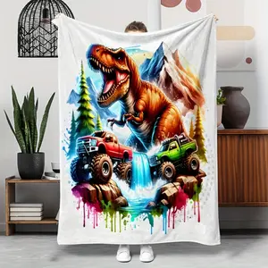 Vintage Dinosaur & Monster Trucks Print Flannel Throw Blanket - Hypoallergenic, All-Season, Digital Print Polyester Bedding, Multipurpose, Tear-Resistant, Knitted Craft - Ideal Gift for Family
