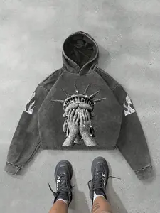 Men's Hooded Sweatshirt Fitted with Liberty Statue Graphic, Shiny Effect, Flame Decorative Sleeves, Casual Street Style Fashion