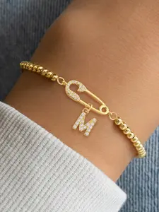 Women's Pave Zirconia Pin Initial Letter Bracelet, Adjustable Beaded Chain, Copper Material, Casual Style, All Seasons Jewelry Gift