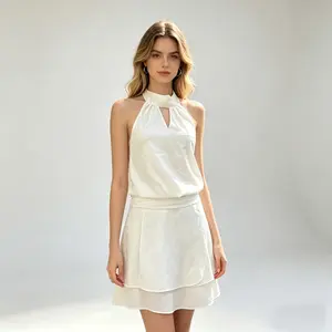 Dreamy Romantic Women Halter Neck Mini Dress Solid Sleeveless Backless Tiered Hem Vacation Brunch Dress
