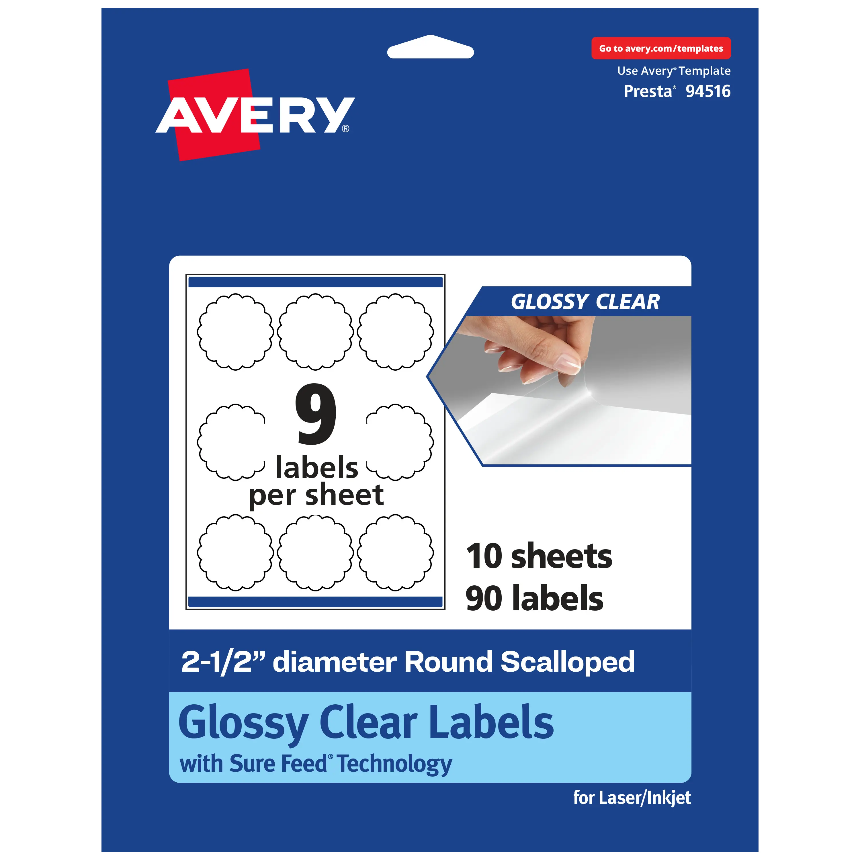 Avery Glossy Clear Round Scalloped Labels with Sure Feed, 2.5" diameter