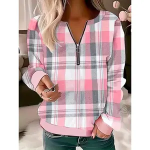 Women's Plaid Sweatshirt, V-Neck Button-Up Long Sleeve Top, Pink Gray Checkered Spring Fall Wear