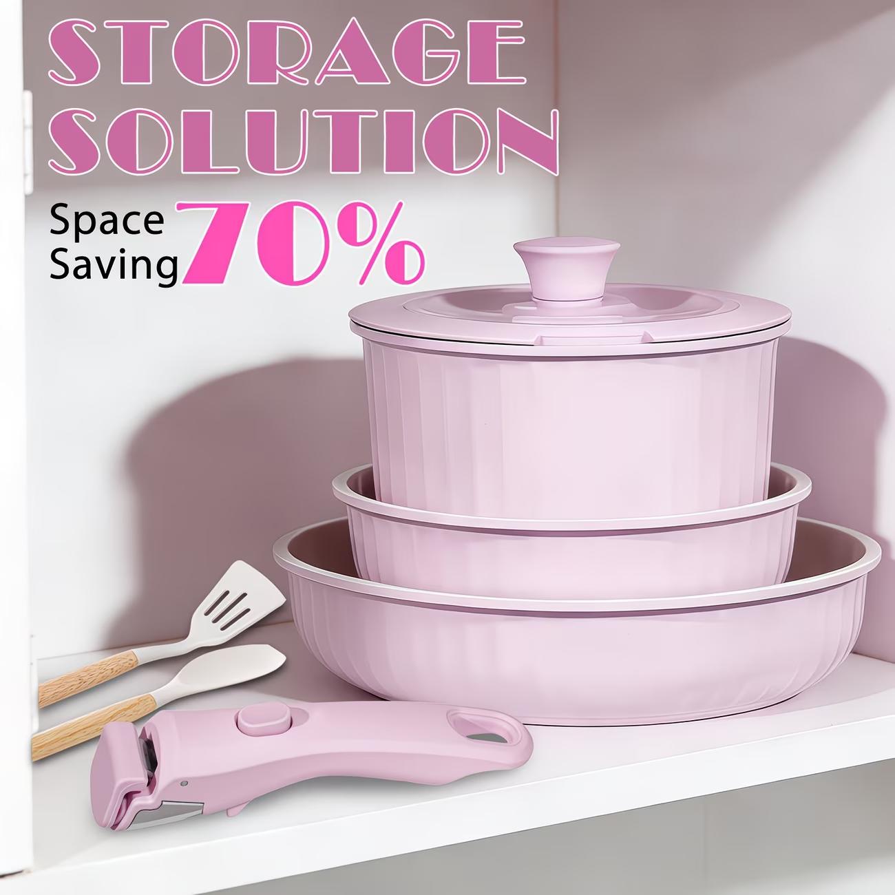 Set of 11 Ceramic Nonstick Cookware Including Pots And Pans with Detachable Handles, Safe for RV Kitchens, Suitable for Oven And Dishwasher Use, Stackable, Induction Compatible, Featuring Frying Pans And Saucepans in Beige,