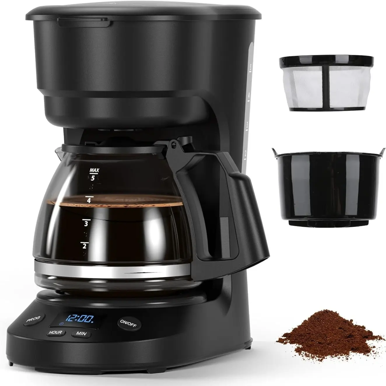 Drip Coffee Maker, Compact 5-Cup Coffee Machine with Digital Clock And 24-Hour Programmable Timer, Auto Shut-Off, Removable Filter Basket for Home And Office
