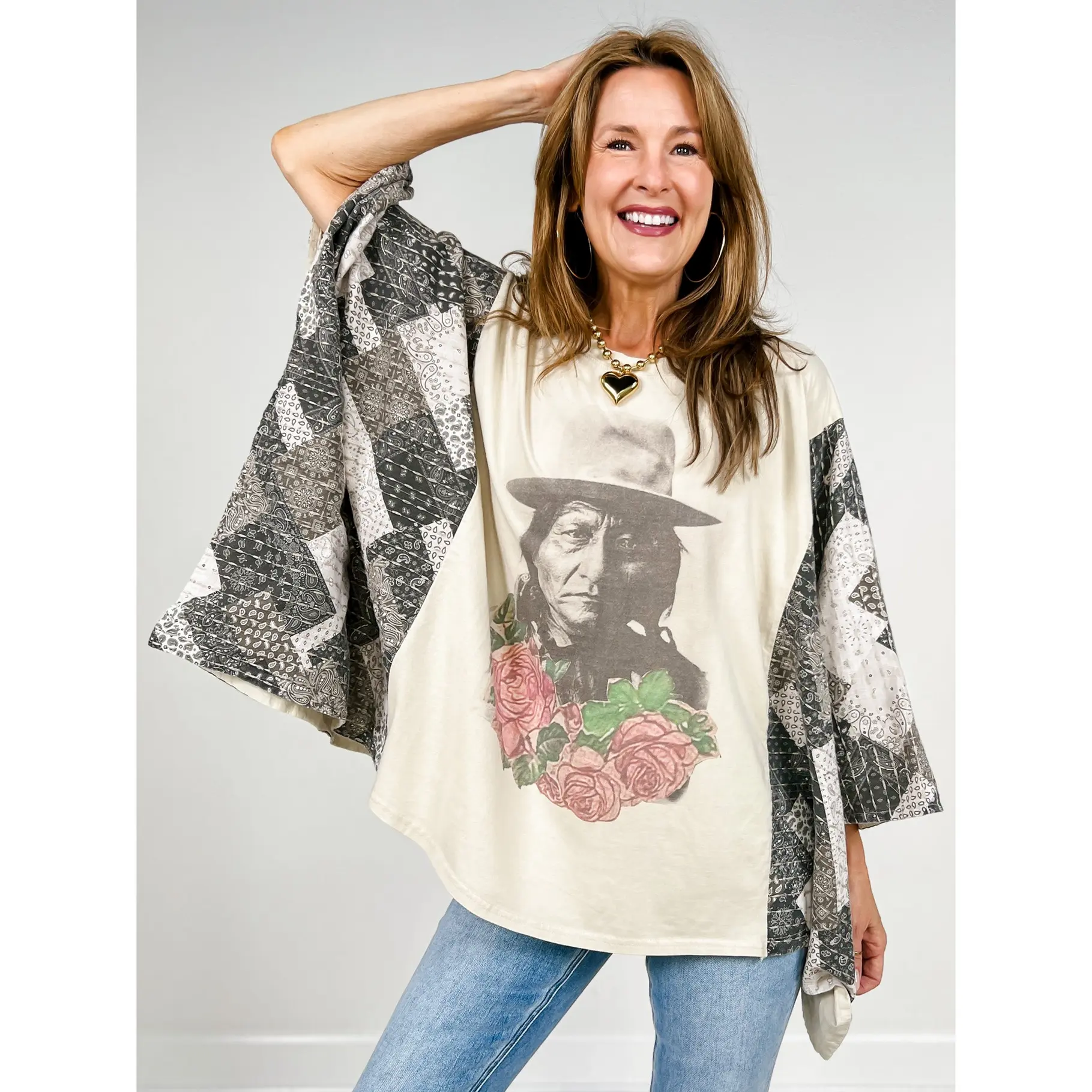 Sitting Bull Print Kantha Poncho Top