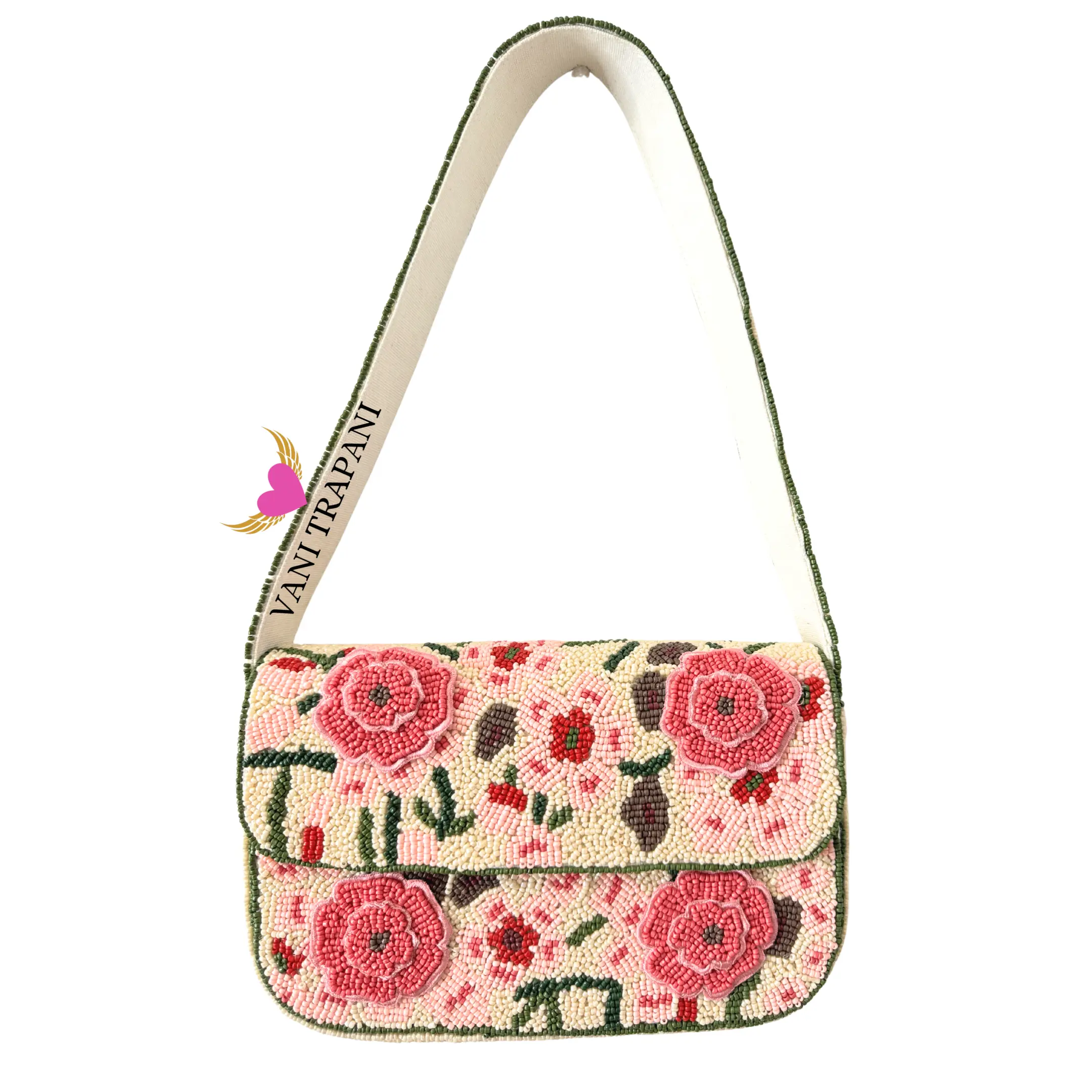 Peach Floral Beaded Shoulder Bag, Handmade Seed Bead Flower Purse