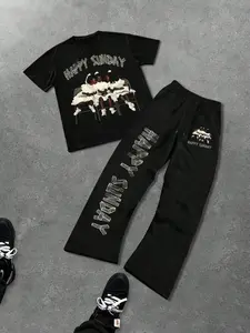 Unisex 'happy Sunday' Graphic Print Two-Piece Set (t-Shirt + Long Pants), Vintage Church Kids Print, Soft Comfortable Fabric, Casual Street Style