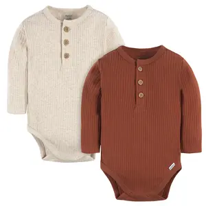 Gerber Baby Boys' Henley Bodysuits 2-Pack Long Sleeve Cotton with Simple Snap Closure for Comfortable Dressing