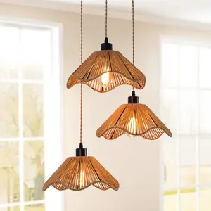 Garwarm Rattan Pendant Light, 3 Lights, Boho Hanging Light, Farmhouse Pendant Light, Height Adjustable, Vintage Rattan Lamp for Dining Room, Kitchen, Foyer Interior Home Living Room