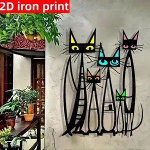 2D iron flat, 1 pc, Modern home decor, Minimalist style cat silhouette metal wall art, terrace, garden, courtyard, living room and bedroom, with colorful embellishments, simple geometric decoration, Western Wall Art
